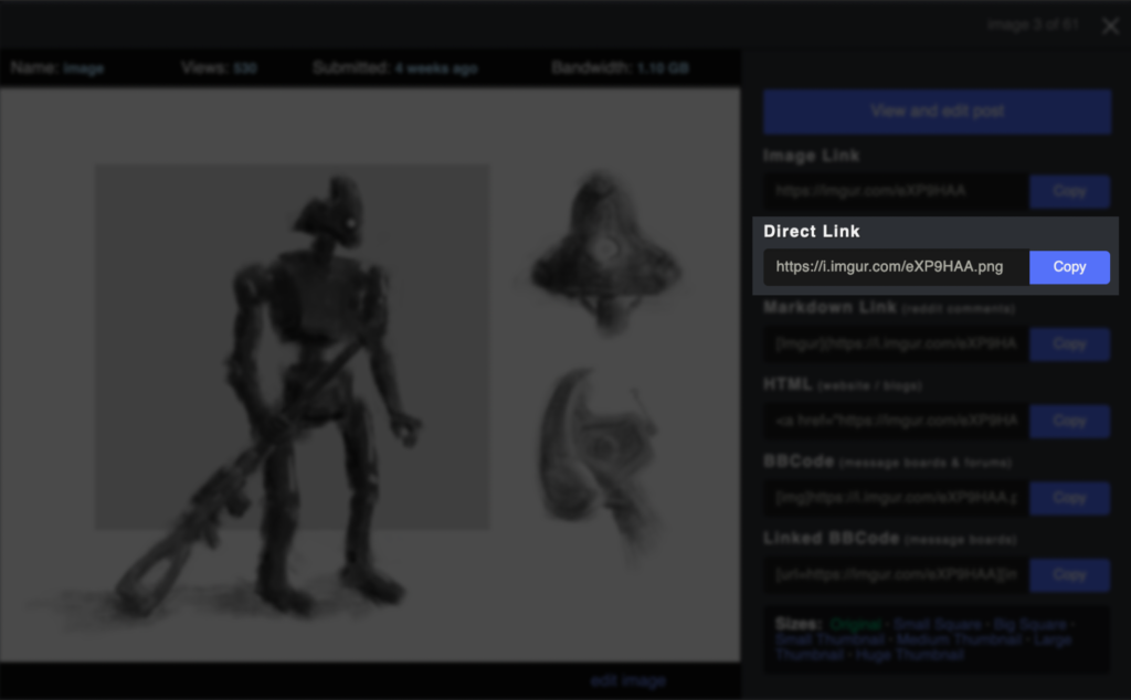 A screenshot of an Imgur.com image dialog, entirely blurred except the portion showing the Direct Link.