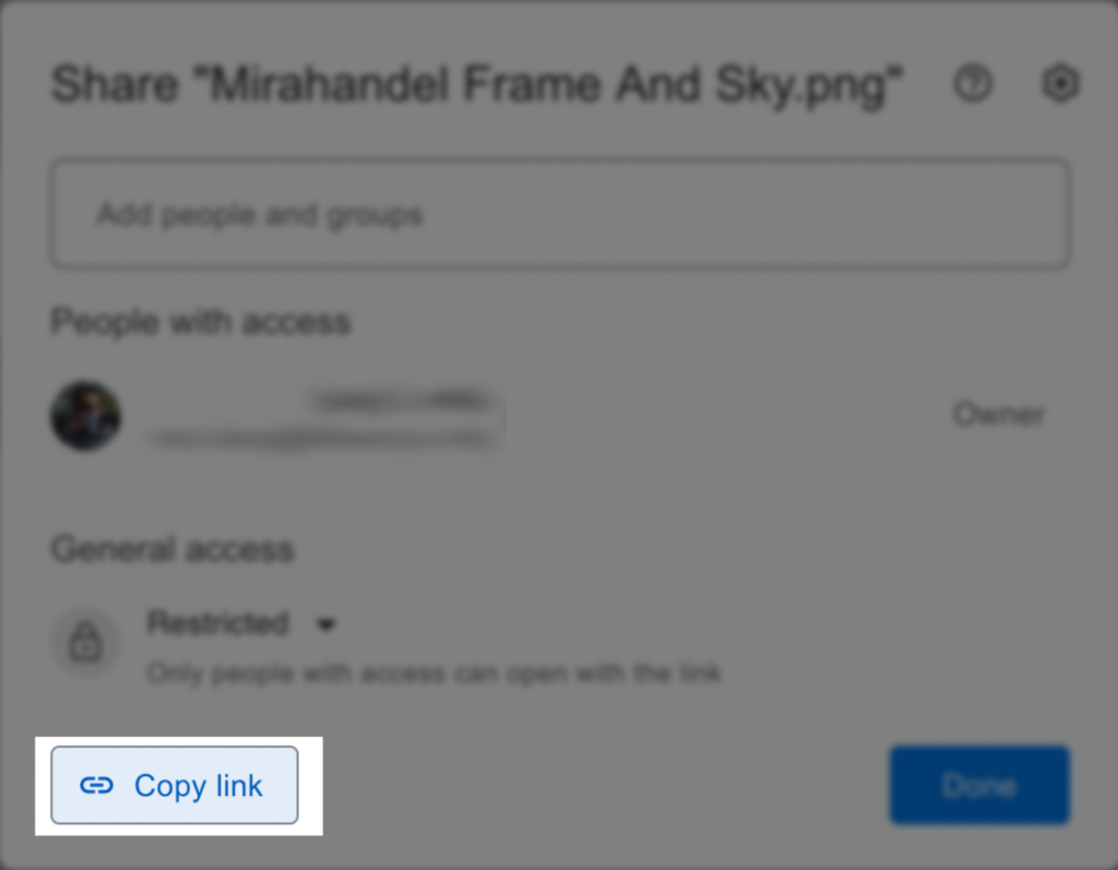 A screenshot of the Google Drive "Get Link" dialog, with everything blurred except the "Copy link" button in the bottom right.