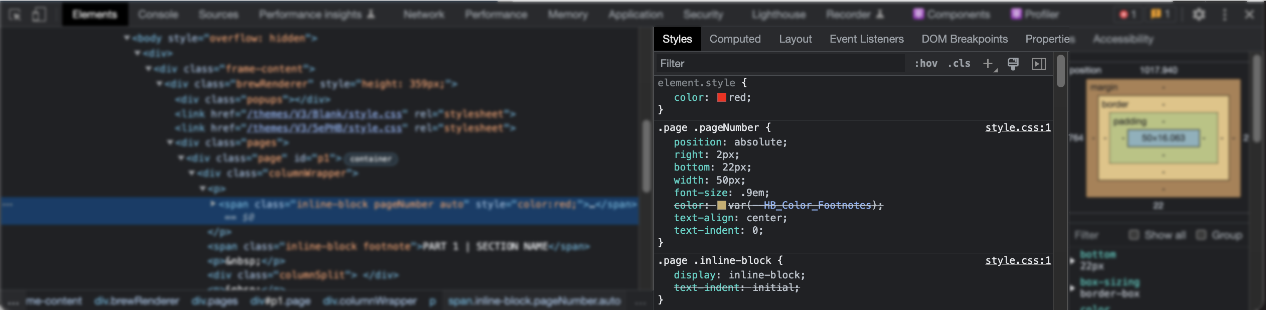 A screenshot of the Chrome Developer Tools.  It shows the pageNumber element selected and the associated CSS, and the color property has been changed to red.