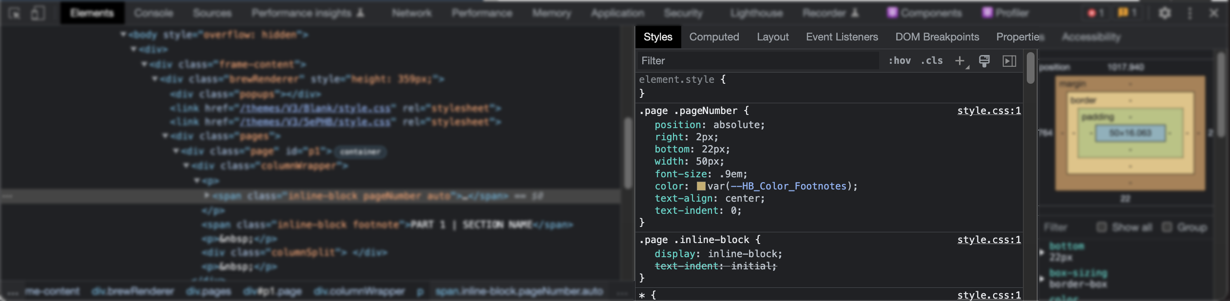 A screenshot of the Chrome Developer Tools.  It shows the pageNumber element selected and the associated CSS.