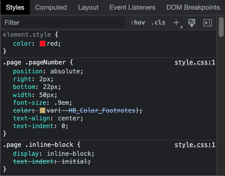 Screenshot of the Chrome developer tools, specifically the Style section of the inspector.
