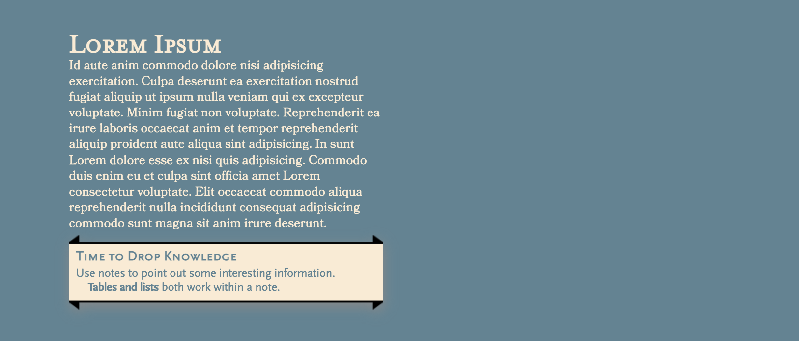 Screenshot of an example from the Homebrewery showcasing the altered color scheme (medium blue background with light tan text).