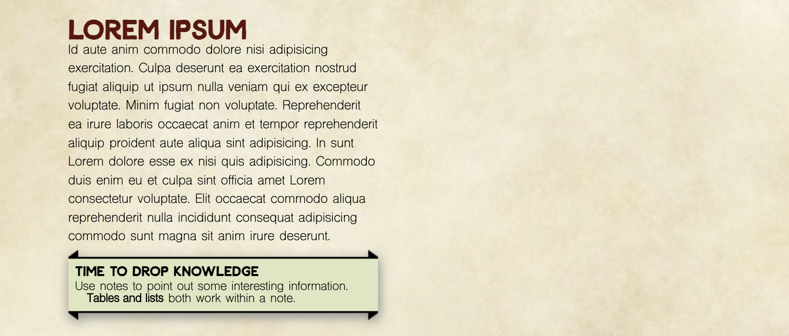 Screenshot of an example homebrewery document showcasing a few different fonts.