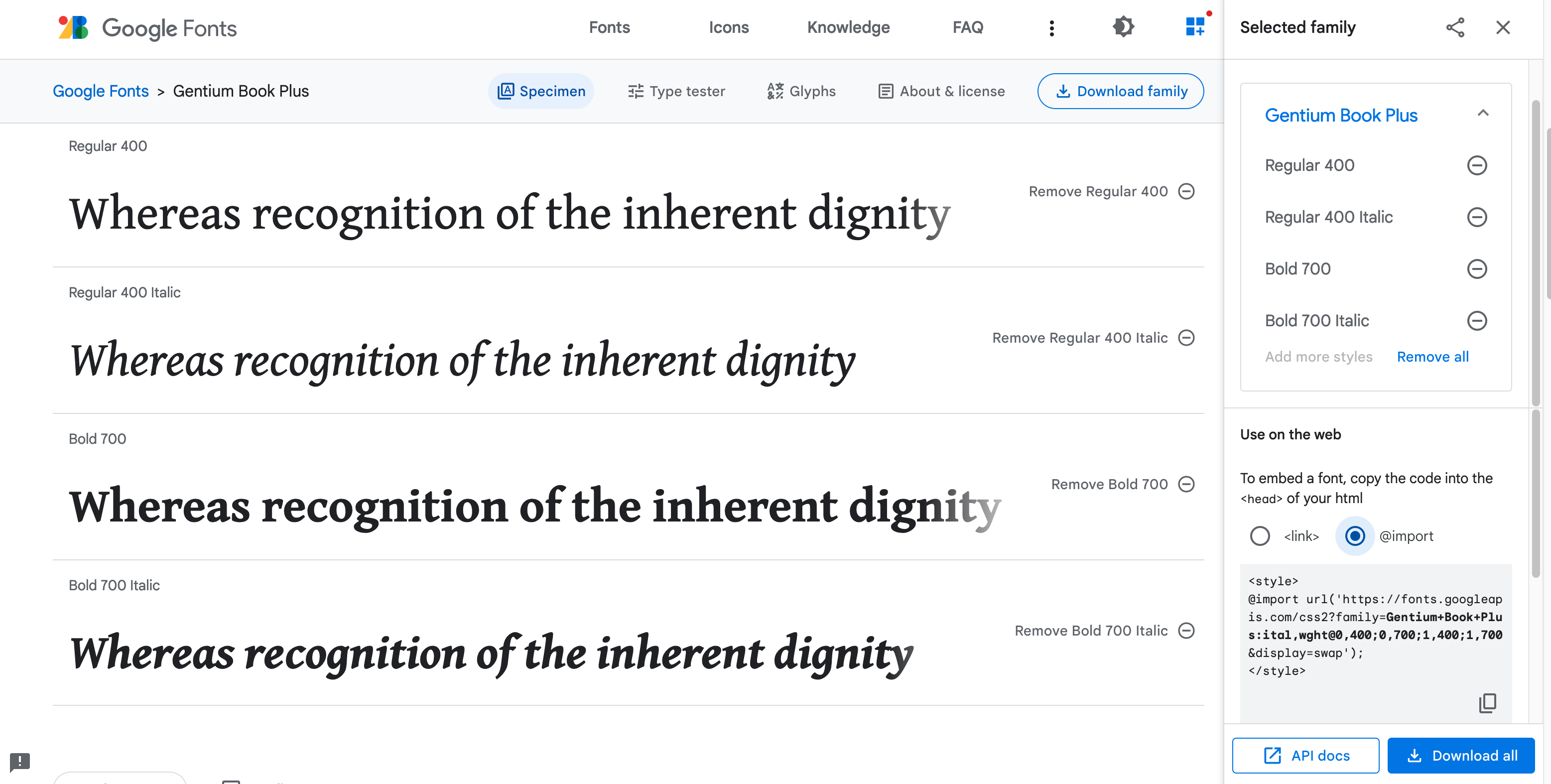 A screenshot of the Google Fonts selection screen.  It shows the 4 variations of the Gentium Book Plus font, those 4 variations added to the Selected Family portion of the screen, and the @import css rule required to bring into Homebrewery.