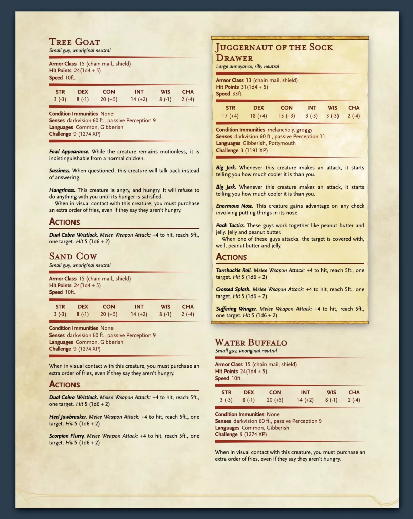 A homebrewery page showing an example bestiary with unframed stat blocks.