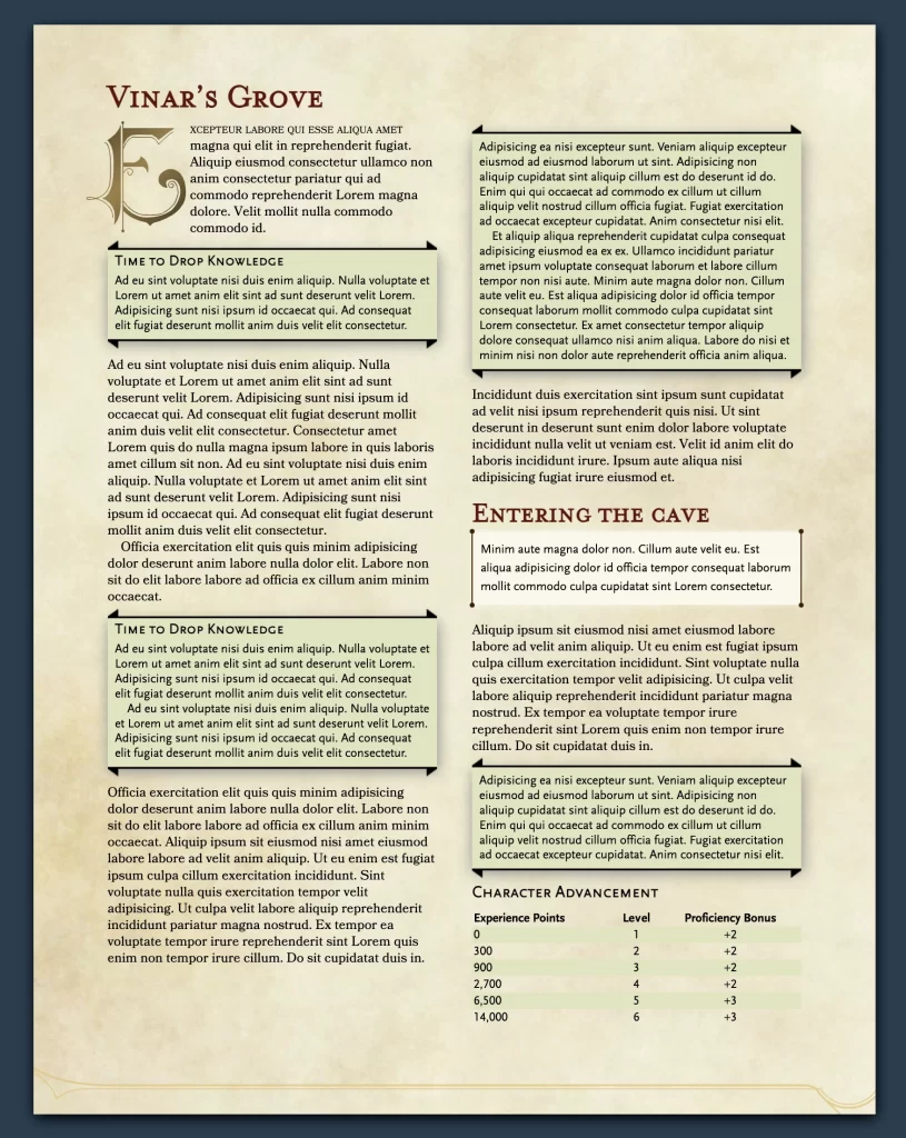 A homebrewery page with many Note page elements.