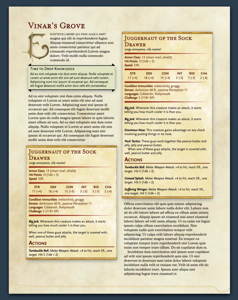 A homebrewery page which features 2 stat blocks and another note block.