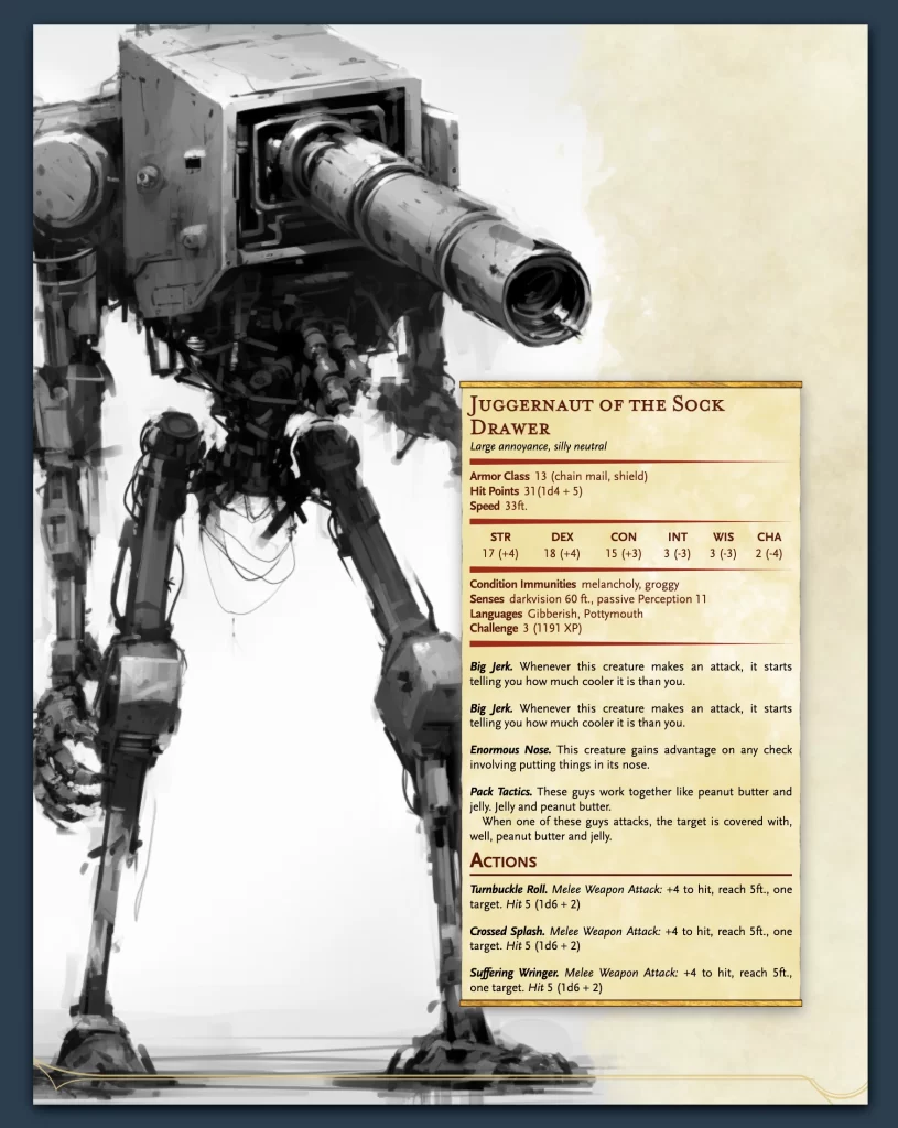 An example Homebrewry page with a stat block overlapping a large background image.