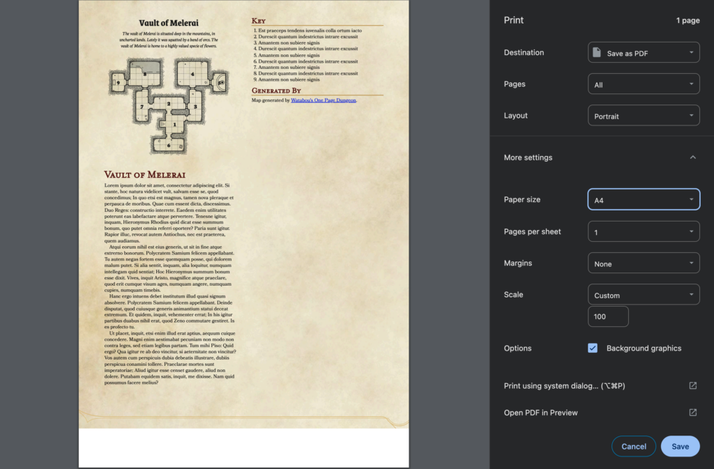 Screenshot of the Chrome Print dialog, showing the preview of a US Letter-sized Homebrewery document set to A4 size paper.  There is a visible thick white space at the bottom of the page.